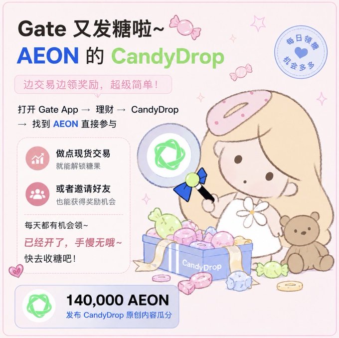 A promotional graphic in Chinese advertising AEON's CandyDrop event on Gate App, featuring a cartoon girl with a lollipop and offering a reward pool of 140,000 AEON.