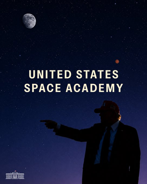 The image shows a silhouetted figure in a red cap pointing at a night sky featuring the moon and what appears to be a small red dot, with the text "UNITED STATES SPACE ACADEMY" prominently displayed. The accompanying post about going "to the MOON" aligns with the image's celestial theme, while the "United States Space Academy" text and reference to x.com/PapiTrumpo suggests a connection to a space or crypto-themed project, using the popular "to the moon" rallying cry.