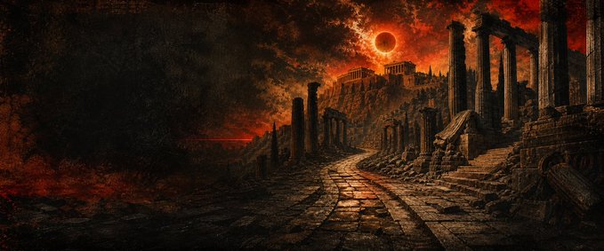 A crumbling ancient stone path winds through ruined classical columns beneath a blood-red eclipse, evoking the dawn of civilization when the wheel was first invented — visually anchoring the post's claim that "before coins, before empires, before the internet, there was the wheel," now reimagined as the $WHEL token launching on Solana via pump.fun.