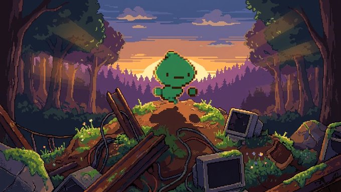 A pixel-art character stands triumphantly atop a hill of discarded computer monitors and cables in a sunset-lit forest, symbolizing the digital rebirth and technical updates mentioned in the post about refocusing efforts on the Kamigotchi World project with upcoming balance changes and UX improvements.