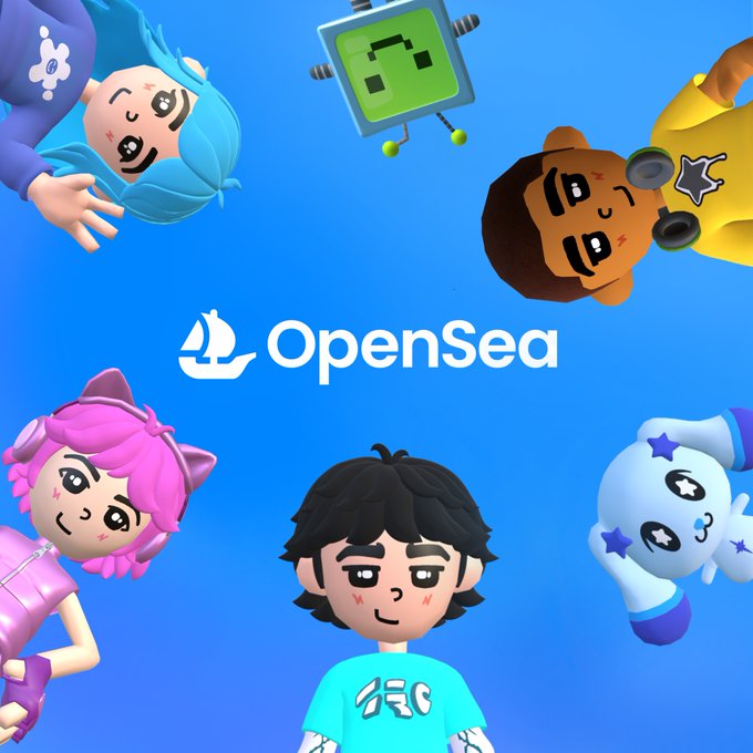 Promotional graphic for OpenSea featuring its logo and several 3D cartoon-style avatars against a blue background.