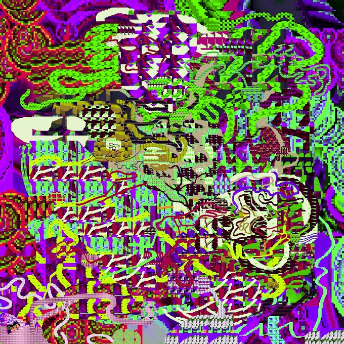 An abstract digital artwork filled with chaotic, glitch-style patterns in vibrant neon green, purple, yellow, and black colors.