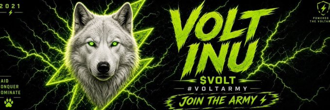 A promotional graphic for 'VOLT INU' featuring a white wolf with glowing green eyes against a lightning-filled background, with text reading 'SVOLT', '#VOLTARMY', and 'JOIN THE ARMY'.