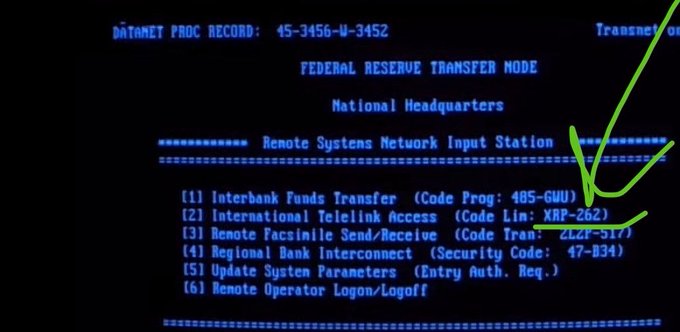 A vintage computer terminal displays a "Federal Reserve Transfer Node" menu with options including "International Telelink Access (Code Lin: XRP-262)" and "Interbank Funds Transfer (Code Prog: 485-GWU)," with a green arrow highlighting the XRP reference—drawing a playful connection between the 1992 film *Sneakers* and modern XRP/financial reset theories tied to the number 589.