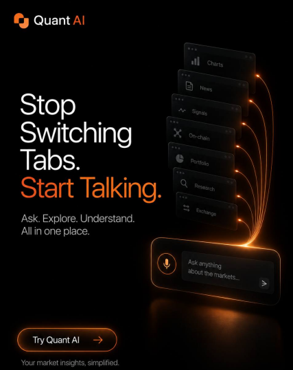 An advertisement for Quant AI featuring the tagline 'Stop Switching Tabs. Start Talking.' with a dark background, app interface previews, and a 'Try Quant AI' button.