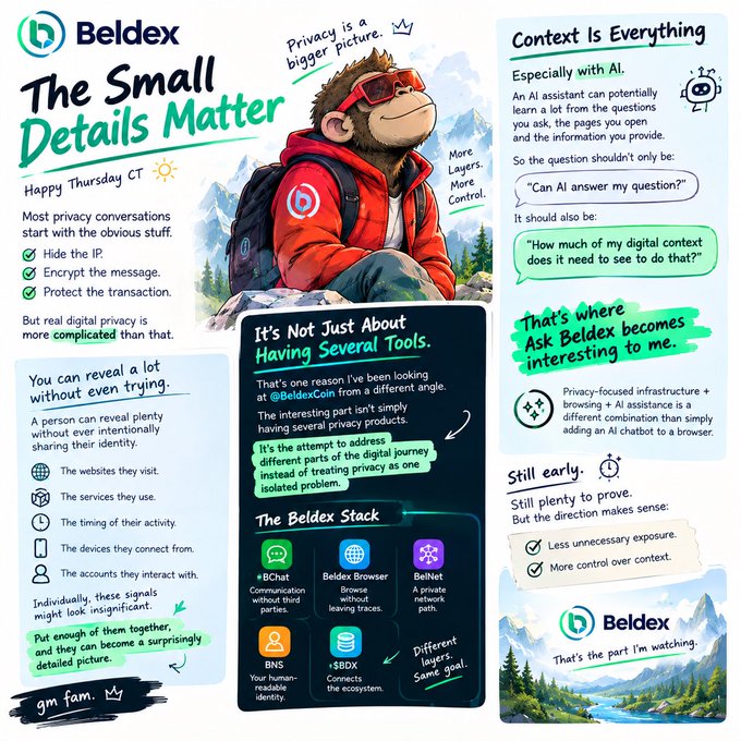 An informational graphic by Beldex titled 'The Small Details Matter', explaining digital privacy concepts with illustrations and a monkey mascot, highlighting the 'Beldex Stack' which includes BChat, Beldex Browser, BelNet, BNS, and BSDX.