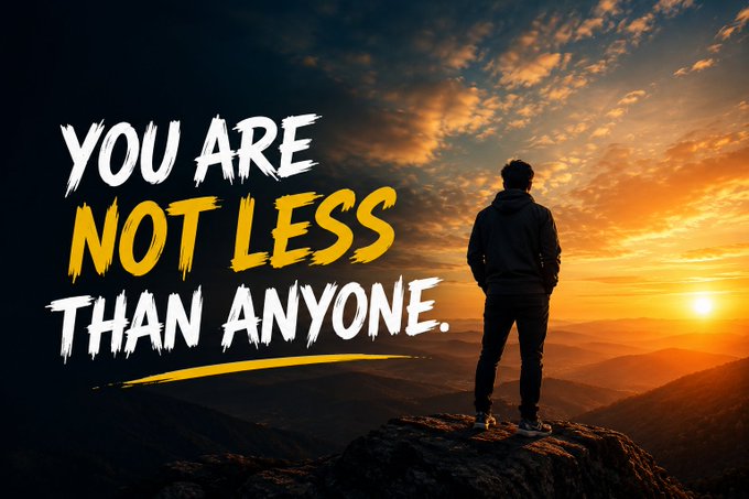 A motivational graphic shows a silhouette of a person standing on a cliff at sunset with the text 'YOU ARE NOT LESS THAN ANYONE.'