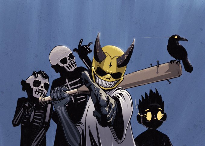 An illustration shows a grinning horned character pointing toward the viewer, surrounded by skeletons and a shadowy childlike figure with glowing yellow eyes. It reflects the post’s reference to the character El Cucuy and his creator’s unendorsed Solana token launched by @SolanaMalos, with creator fees being sent and potentially donated to @somos_axolotl.