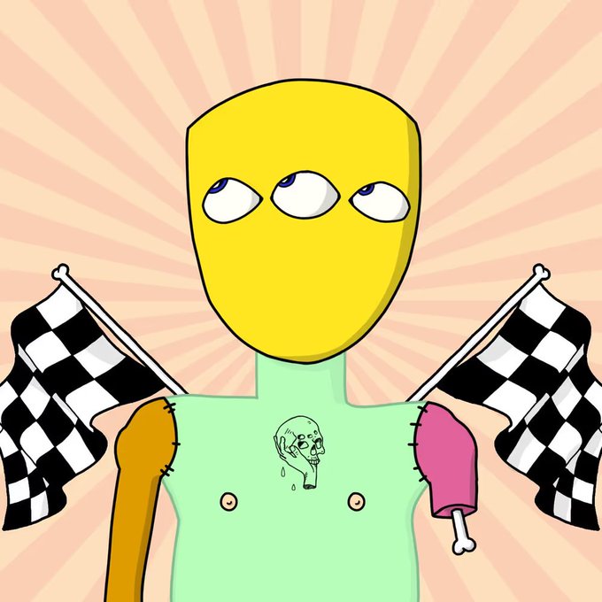 A surreal, colorful illustration of a figure with a yellow oval head, three mismatched eyes, and a green torso featuring a small skull tattoo, flanked by two checkered racing flags against a sunburst background.