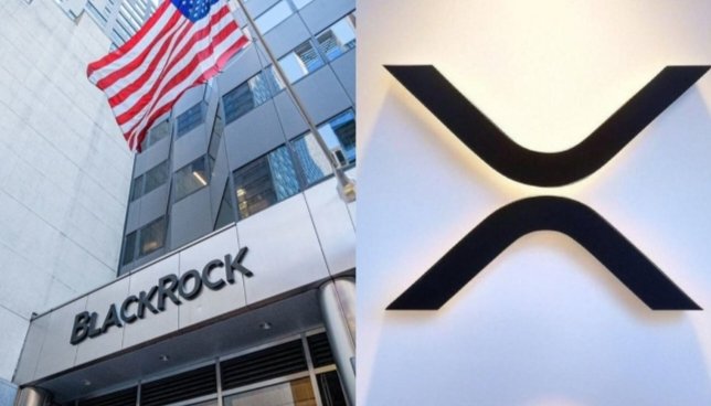 The split image shows the BlackRock office building with its name displayed alongside the XRP logo, visually linking the asset management giant to the cryptocurrency amid speculation that BlackRock may signal institutional adoption of XRP.