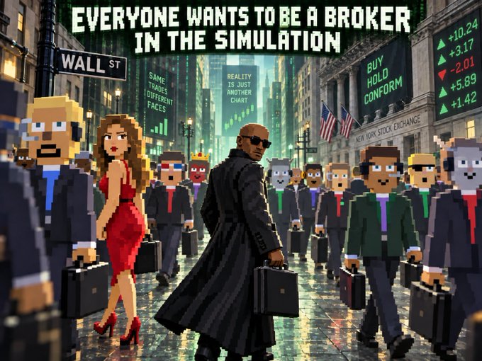 A pixel art illustration titled 'EVERYONE WANTS TO BE A BROKER IN THE SIMULATION' depicts a crowd of similarly-dressed businessmen and one woman in a red dress on Wall Street, with a central figure in a long black coat walking away from the viewer. Signs in the background read 'WALL ST', 'SAME TRADES DIFFERENT FACES', 'REALITY IS JUST ANOTHER CHART', 'BUY HOLD CONFORM', and 'NEW YORK STOCK EXCHANGE', alongside stock tickers showing values like '+10.24', '+3.17', '-2.01', '+5.89', and '+1.42'.