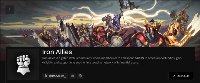 A digital interface displays 'Iron Allies' as a gated Web3 community, with artwork of armored knights and the handle '@IronAllies_' alongside an 'ENROLLED' button.