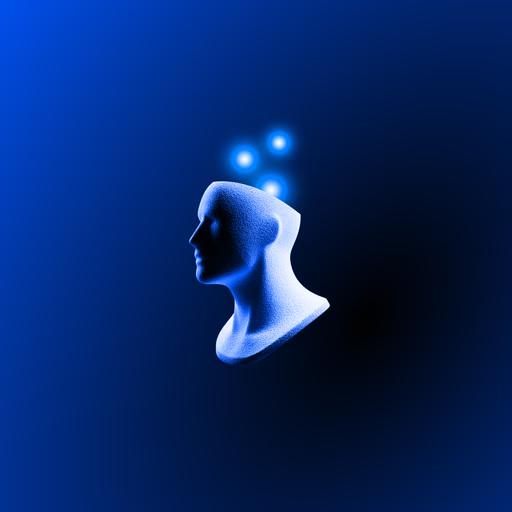 A stylized 3D rendering of a glowing blue human head profile with illuminated connection nodes floating above it against a dark blue background.