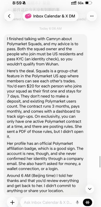 A screenshot of an iMessage conversation in 'Inbox Calendar & X DM' discussing a Polymarket 'Squads' group-chat feature, detailing KYC requirements, $20 referral payouts, and a 3-month contract reviewed around 6 AM Beijing time.