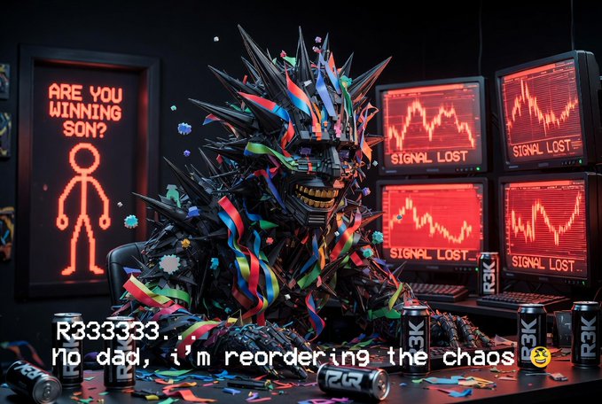 A chaotic meme-style image of a spiked character at a desk with monitors showing 'SIGNAL LOST' and a sign reading 'ARE YOU WINNING SON?' with text 'No dad, i'm reordering the chaos'.