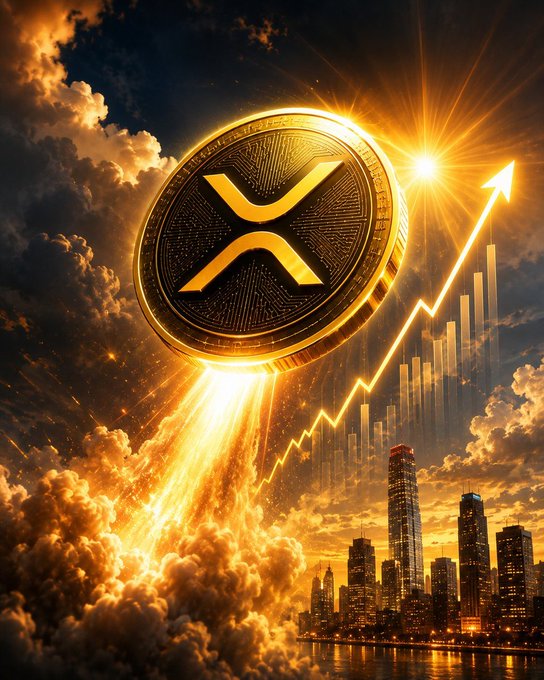 The image features a futuristic scene where a golden coin with an X on top and the letter "R" below floats in front of a city skyline at night, with buildings illuminated by bright lights. The sky above them has flares shooting out from the sun, creating a dynamic and surreal atmosphere. At the bottom of the post, there is a photo of a city skyline at night, with the words "Got some very important serious people telling me that XRP is going to $10 in June. Must be nothing. We’ll see... This is not for clicks, but when it happens just know that i do accept tips.". The image emphasizes the connection between the coin and a future price increase of the cryptocurrency, as well as the futuristic backdrop and the importance of Bitcoin in today's world.