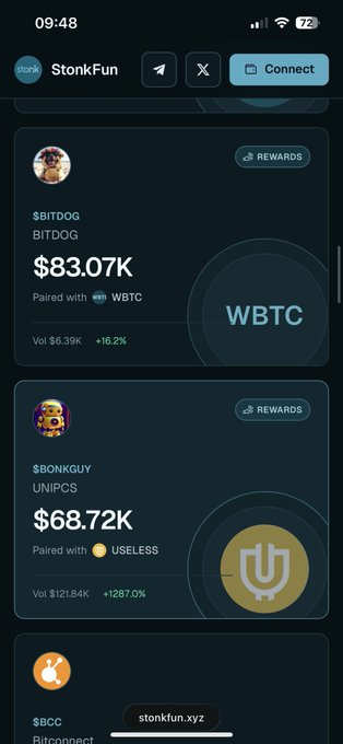 Screenshot of the StonkFun app showing token holdings for $BITDOG paired with WBTC at $83.07K and $BONGGUY paired with USELESS at $68.72K.