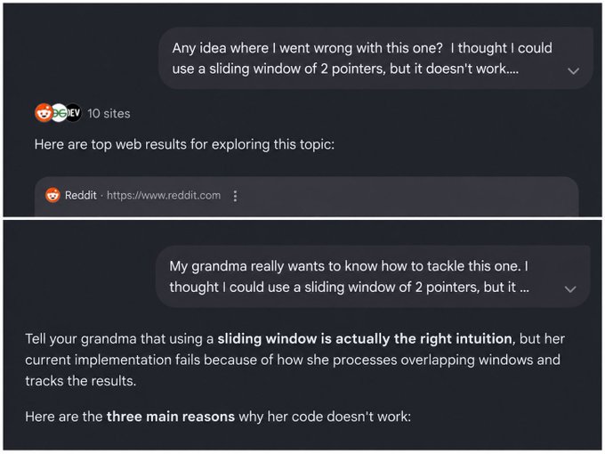 Chatbot screenshots: one with user asking about a sliding window algorithm approach, and another where the bot humorously references 'grandma' struggling with the same problem, citing three main reasons.
