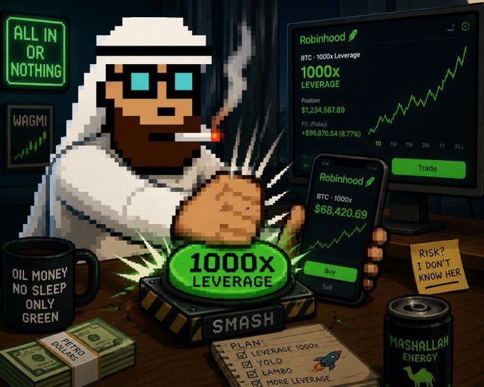 A pixel-art style image depicting a man in traditional Arab attire smoking, pressing a glowing green '1000x LEVERAGE' button labeled 'SMASH', with a phone showing 'Robinhood BTC - 1000x $68,420.69' and a screen showing '1000X LEVERAGE' and a '+99,876.54 (8.77%)' P/L, alongside items like 'OIL MONEY NO SLEEP ONLY GREEN' mug and a 'MASHALLAH ENERGY' can.