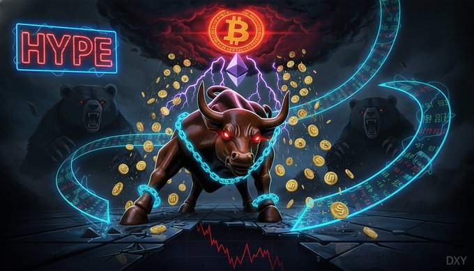The image features a bull statue chained up to a bunch of coins with the caption "Another day, another set of price predictions for SPX, DXY, BTC, ETH, XRP, BNB, SOL, DOGE, HYPE, and ZEC". The bulls are chained together in front of a neon sign that says "HYPE" above them. This scene is related to the post because it suggests an ongoing discussion about Bitcoin's value or trends in the cryptocurrency market.