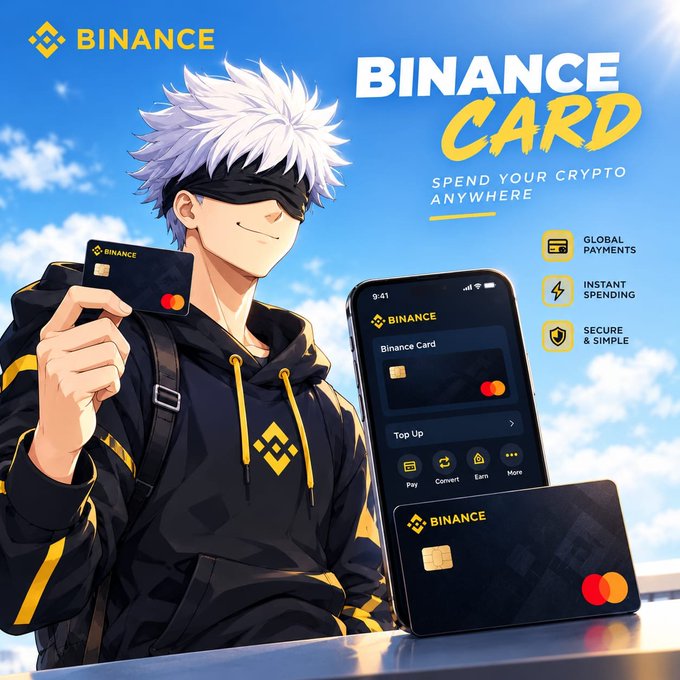An anime-style advertisement for 'BINANCE CARD' featuring a white-haired character holding a Mastercard, with the text 'SPEND YOUR CRYPTO ANYWHERE' and feature icons for Global Payments, Instant Spending, and Secure & Simple.