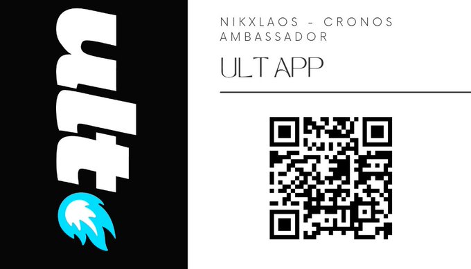 A promotional graphic with the text 'NIKXLAOS - CRONOS AMBASSADOR ULT APP', an FTFN logo, and a QR code on a black and white background.