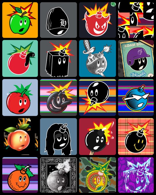 A grid of stylized bomb-themed icons with cartoon faces, featuring various designs including apples, capsules, and characters with fuses, one labeled 'ADAM BOMB'.
