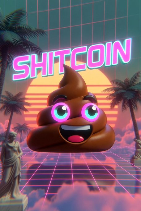 The image features a cartoon character, likely a character from the movie "Daybreak", with a brown body and big eyes. The character has a big smile and is surrounded by palm trees at sunset. The background of the image includes a neon sign that reads "SHITCOIN" in pink letters.