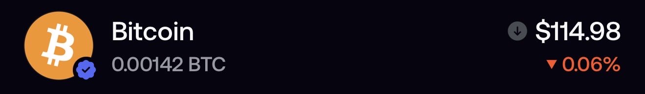 A cryptocurrency price widget showing Bitcoin at $114.98, down 0.06%, with a balance of 0.00142 BTC.