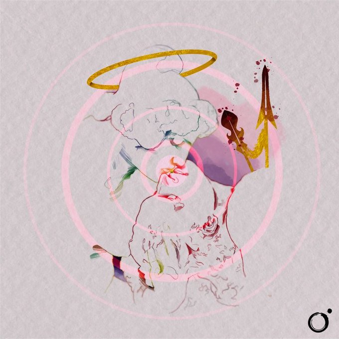 An ethereal angelic figure with a golden halo, overlaid with pink concentric ripples and abstract watercolor splashes, floats above a textured white background as part of an artistic "gm fam" good morning greeting.
