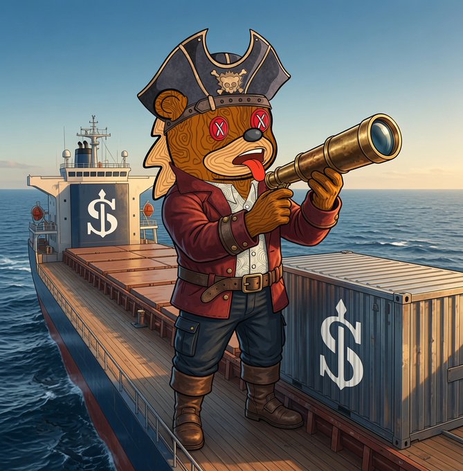 A digital illustration of a cartoon bear dressed as a pirate, holding a brass telescope, standing on the deck of a cargo ship with shipping containers marked with dollar signs.