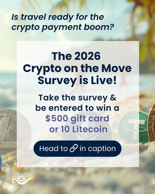 A promotional graphic asking 'Is travel ready for the crypto payment boom?' promoting 'The 2026 Crypto on the Move Survey' with a chance to win a $500 gift card or 10 Litecoin.