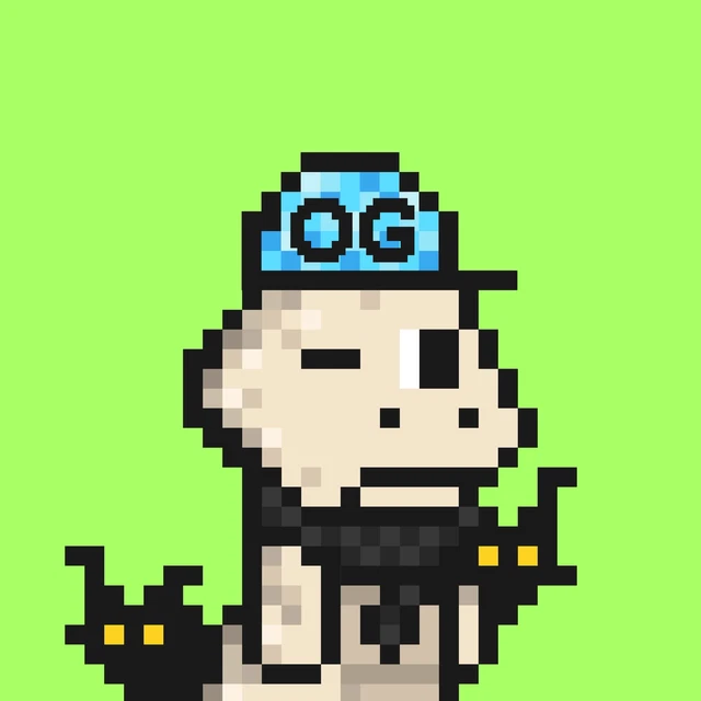 A pixel-art illustration of a cute dinosaur or dragon character wearing a blue cap with the letters 'OG' on it, along with sunglasses, set against a bright green background.