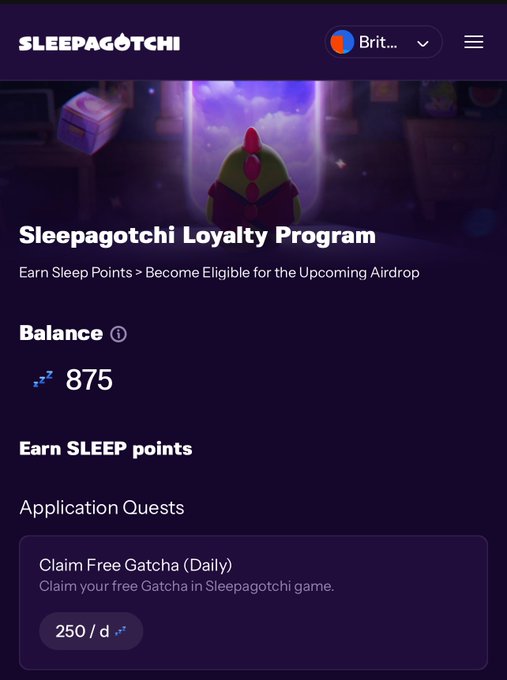 The image is of a webpage with a purple background that displays some information about a game called "Sleepagotchi." The text on the webpage provides details about this game, such as its daily rewards program, balance, sleep points, and free quests. Additionally, it features two images related to the game: one of a cute little stuffed toy chicken and another showing an image of the game's logo and some game-related visuals. Overall, the webpage appears to be focused on offering sleep benefits or rewards for players who engage in the game regularly as part of their daily routine.