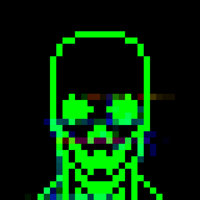 A heavily pixelated neon green skeleton figure appears against a black backdrop with colorful glitch artifacts.