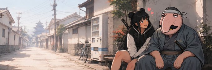 An anime-style illustration of a blushing dark-haired girl sitting next to a large-faced character in traditional Japanese clothing on a quiet rural street, with a pagoda visible in the background.