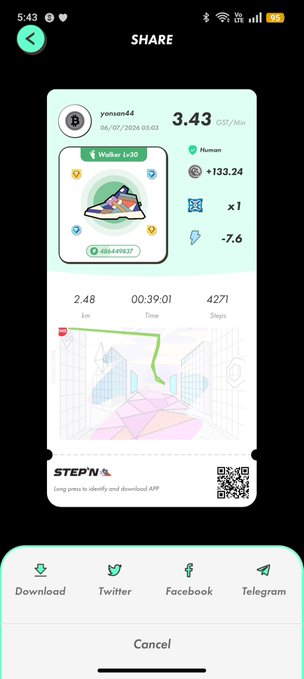 A smartphone screenshot of a StepN app activity share for user 'youss44' showing a 2.48 km Walker Lv.20 run with a pace of 3.43 CG5/Min and sharing options for Twitter, Facebook, and Telegram.