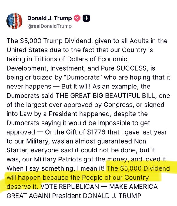 A screenshot of a tweet from Donald J. Trump (@realDonaldTrump) discussing a '$5,000 Dividend' and urging people to 'VOTE REPUBLICAN — MAKE AMERICA GREAT AGAIN!', with one sentence highlighted in yellow.
