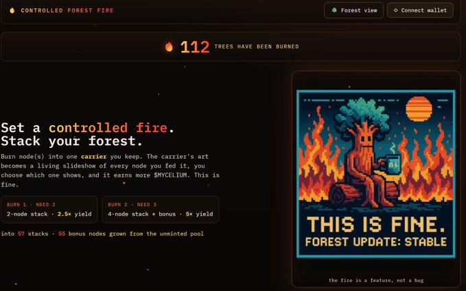 A website for 'Controlled Forest Fire' showing 112 trees burned, with options to burn 1-3 nodes for yield, and a pixel art illustration captioned 'THIS IS FINE. FOREST UPDATE: STABLE'.