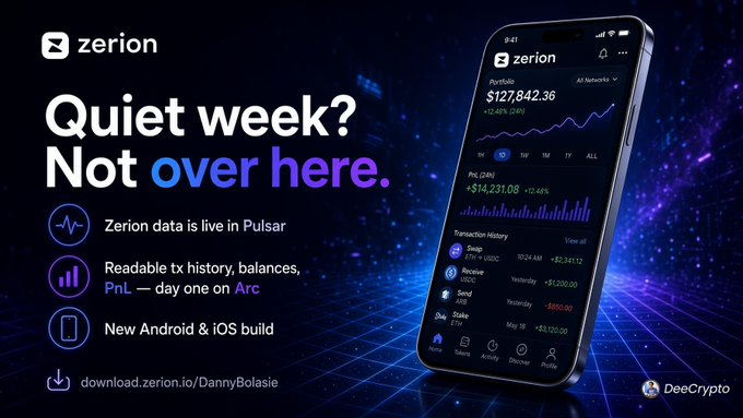 A Zerion promotional graphic reads 'Quiet week? Not over here.' and features a smartphone displaying a portfolio of $127,842.36, noting Zerion data is live in Pulsar, PnL is live on Arc, and a new Android & iOS build is available at download.zerion.io/DannyBolasis.