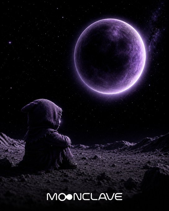 A hooded figure sits on a rocky lunar landscape, gazing up at a glowing purple crescent moon against a starry sky, with the text "MOONCLAVE" displayed below. The otherworldly, contemplative scene visually reinforces the Moonclave brand and its cosmic, on-chain prediction market theme of forecasting future outcomes.