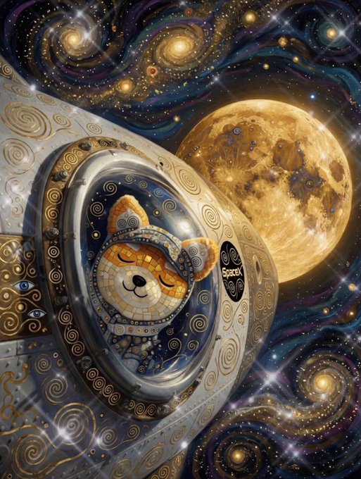The image features a large, colorful painting of a dog inside an airplane window with a moon visible behind him. The sky above them has stars and swirls, creating a sense of depth and movement. The caption below the painting reads "上午坐在钢琴前", which is likely related to the artist's name or inspiration for the piece.
