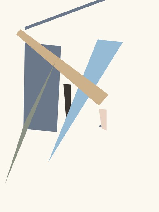 The image showcases an abstract digital artwork from the "Primera 232" collection, featuring a minimalist arrangement of geometric shapes in muted blues, tans, and grays. Its bold, angular composition strongly echoes the iconic style of Suprematist art, characterized by non-representational forms and dynamic spatial arrangements.