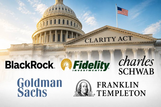 The logos of major financial institutions like BlackRock, Fidelity, and Charles Schwab are overlaid on the US Capitol building, with "CLARITY ACT" visible, signifying their backing of crypto regulation. This visually represents Wall Street's influence on shaping the "regulatory rails" for the industry.