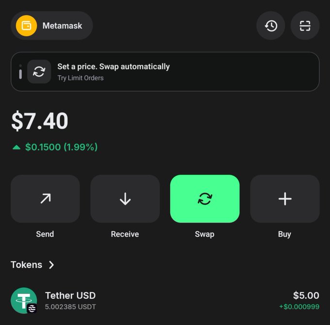 A MetaMask wallet interface shows a portfolio value of $7.40, up 1.99% ($0.1500), with a Tether USD (USDT) balance of 5.002385 ($5.00). The "magic Internet money" caption humorously reflects the modest crypto holdings displayed in the wallet.