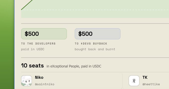 A website section showing $500 paid to developers in USDC and $500 to #DEVS buyback and burnt, with '10 seats in eXceptional People' listed below.