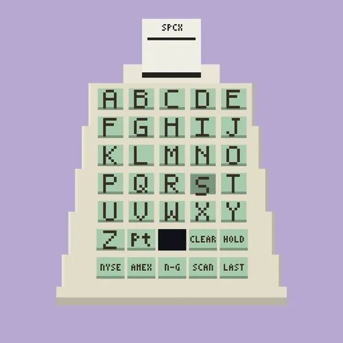 A pixel art illustration of a vintage Speak & Spell-style device on a purple background, featuring a keyboard layout with letters A-Z and function keys like CLEAR, HOLD, A-G, SCAN, and LAST.