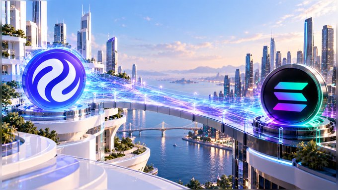 A futuristic cityscape features a glowing bridge connecting two platforms with the Injective logo on the left and the Solana logo on the right.