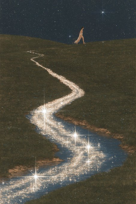 A surreal digital artwork showing a pair of bare legs walking across a grassy hill under a starry night sky, while a glittering, reflective river winds through the dark landscape below.