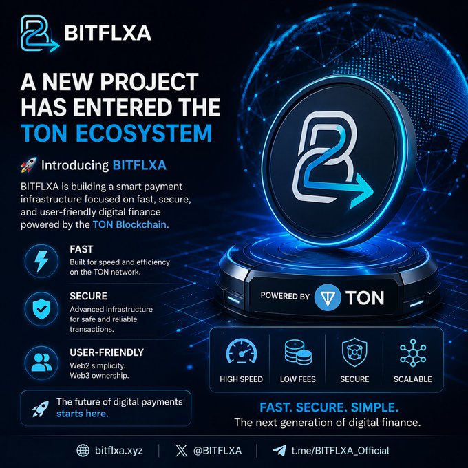 A promotional graphic for BITFLXA, announcing 'A NEW PROJECT HAS ENTERED THE TON ECOSYSTEM,' highlighting features like Fast, Secure, and User-Friendly digital finance powered by TON Blockchain, with website bitflxa.xyz and social handles.